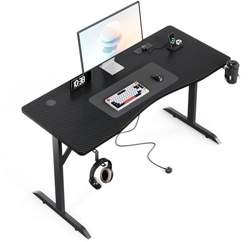Flrrtenv 140x60cm Gaming Desk with Power Outlets & Cable Hole, Gamer Desks with Monitor Shelf, Computer Table with Carbon Fiber Desktop, Home Office Desk with Cup Holder, Gift Desk for Men and Boys