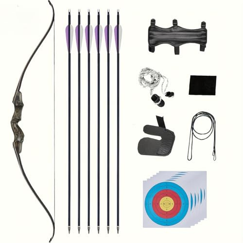 Bogenschießen Recurvebogen Takedown Bogen Jagd Bogen und Pfeil Set Erwachsene Ziel Praxis Wettbewerb Survival Longbow Rechte Hand 13,6-22,7 kg mit 6 Fiberglas-Pfeilen (22,7 kg Set)