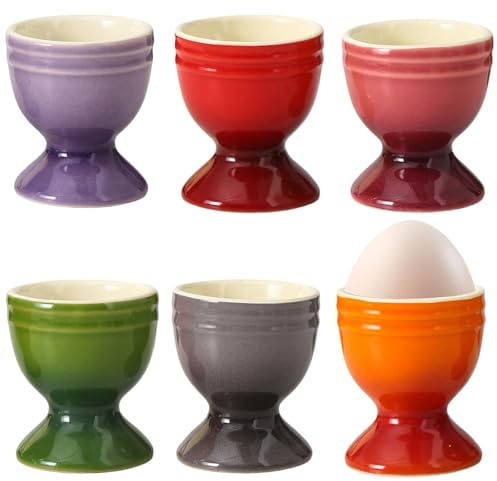 Calenxy Huevera colorida para mesa de desayuno, juego de 6 soportes para huevos de cerámica, aptos para lavavajillas, calentador de huevos elegante para el uso diario y ocasiones especiales
