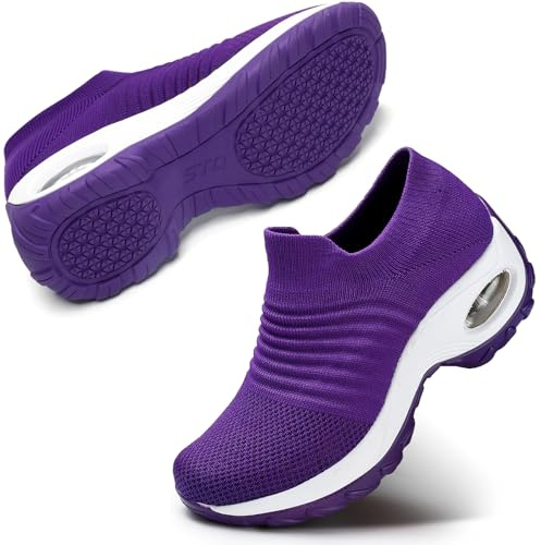 STQ Womens Walking Shoes Slip on Tennis Comfort Orthopedic Sneakers Non Slip Working Arch Support Neuropathy Plantar Fasciitis Nursing Ladies Breathable Mesh Fashion Purple 9