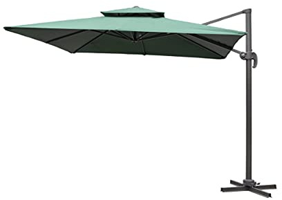 3m Green Square Parasol With Cross Base and 77mm Aluminium Pole Sun Shade Garden Outdoor Beach Patio Canopy Shelter Umbrella Cantilever