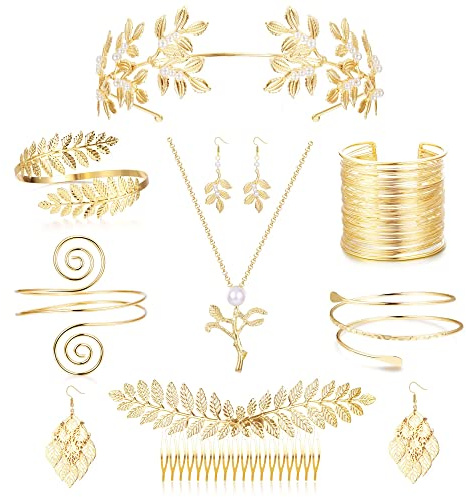 Morfetto 9 Pcs Greek Goddess Costume Accessories Set for Women Golden Laurel Leaf Crown Headband Upper Arm Coil Bracelet Pearl Leaf Dangle Earring Necklace Bridal Wedding Headpiece Toga Costume Party