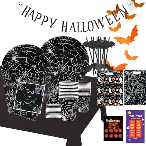 JOLAFUNBS Black Theme Spider Web Halloween Party Tableware Set – 75 Pcs Set Of Halloween Paper Plates, Halloween Cups, Halloween Napkins, Halloween Paper Straw, Halloween Tablecloth & Game Cards.