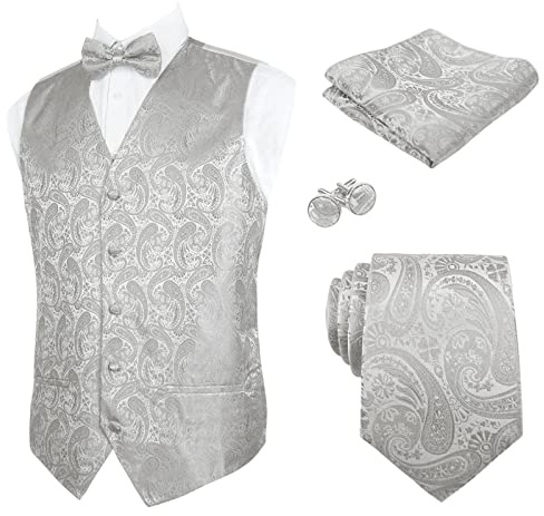 Alizeal Conjunto clásico de chaleco de traje de satén de color sólido de 5 piezas para hombre | Juego de gemelos y chaleco, corbatín cuadrado, corbata de bolsillo, para fiesta y boda