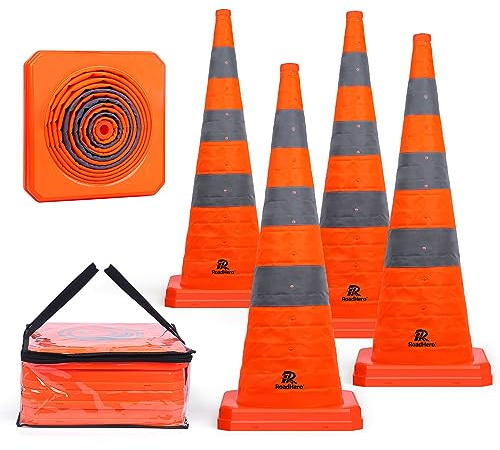 RoadHero 36 Inch 4 Pack Collapsible Traffic Safety Cones, Multi Purpose Pop-up Cones with Reflective Collar for Road Safety, Orange Cones for Driving Training, Parking Lots