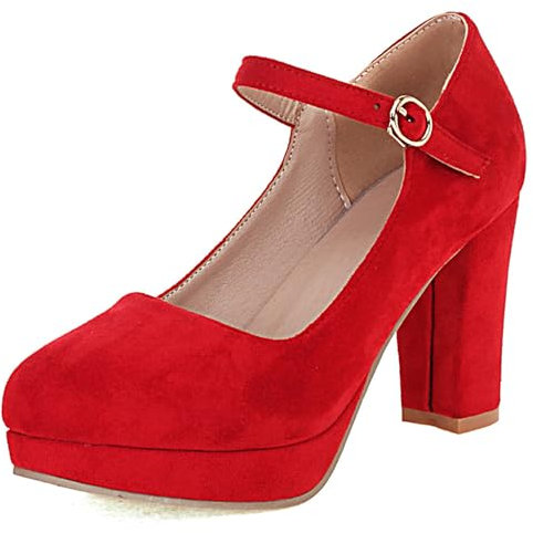 Damen Blockieren Ferse Mary Jane Schuhe, Höhe Ferse Pumpe Runde Zehen Schnalle Kleid Pumps mit Plateau Elegant Abendschuhe Qehyyw Rot Gr 36 EU