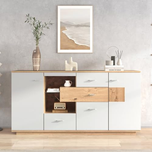KOMHTOM Grande commode moderne avec 2 portes et 4 tiroirs, armoire polyvalente pour salon, chambre à coucher, salle à manger(B)