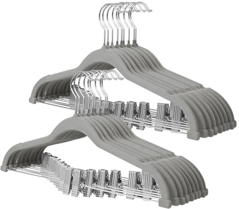ManGotree Perchas para Pantalones con Pinzas Móviles, Perchas de Terciopelo Antideslizantes, Ahorran Espacio para Camisas, Pantalones, Vestidos, Faldas, Abrigos (18 Pack, Gris)