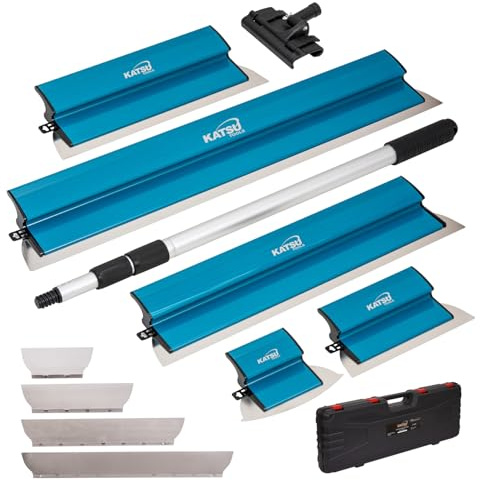 KATSU Verktyg gipsvägg skimming blad set, 25 + 40 + 60 + 80 cm blad i rostfritt stål + bågskrapa + 0,5 mm utbytbara blad + aluminiumförlängningsstång + justerbar vinkelhållare + plastfodral
