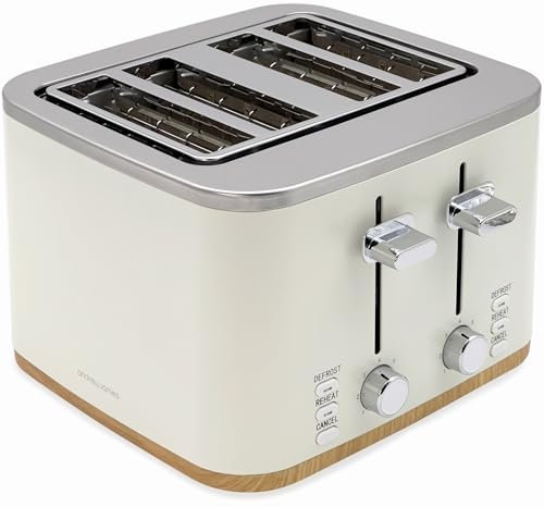 Andrew James Toaster – Ivory Toaster with Wooden Effect – Stylish & Compact, Adjustable Browning Control, Removable Crumb Tray, Ideal for Breakfast – Modern Kitchen Appliance (Ivory, 4)