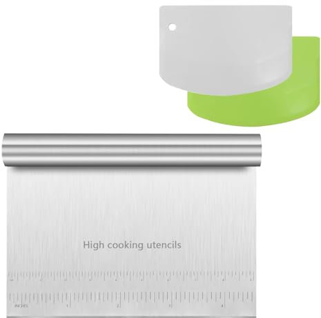 Mokaskaidj 3 Pcs Coupe Pate Boulangerie, Grattoir à Pâte en Acier Inoxydable avec Echelle de Mesure, Racloir Cuisine, Grattoir à Pâte en Plastique et Acier Inoxydable pour Cuisine, Pâtisserie, Crêpes