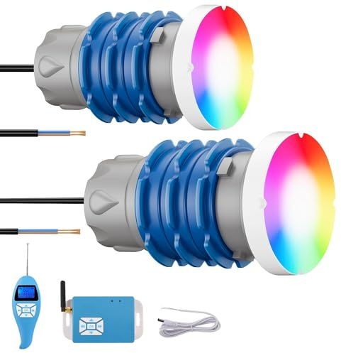 LyLmLe Mini Proiettore Piscina LED con Filettatura 1 1/2, 6W Lampade Piscina RGB Multicolore con Telecomando Controllore, Ø49mm, 12V AC IP68 Impermeabile Luci per Piscinas Cemento SPA Gradini, Set 2