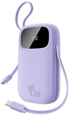 Baseus Powerbank 45W 20000mAh con 2 Cavi USB-C Integrati, Ricarica Rapida Power Bank PD3,0 QC4,0, 3 USB-C, 1 A, Caricatore Portatile per iPhone 16/15/14 Pro Max, iPad, Samsung, Viola
