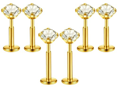Azushwer 6Pcs Threadless Push in flat back earrings, Tragus Earrings (Gold)