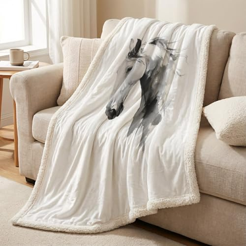 Gosig filt, fleecefilt, sherpafleece – 80 x 150 cm, dubbelsidig, ultramjuk och varm, lätt, mikrofiber, för säng, soffa och soffa, året runt, vit, enkel bläckritning häst