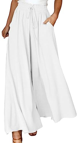 Generisch Palazzo - Pantalones elegantes para mujer, pierna ancha, con cordón y bolsillos, cintura alta, pantalones Palazzo, informales, ligeros, pantalones de tela elásticos, de algodón, cómodos