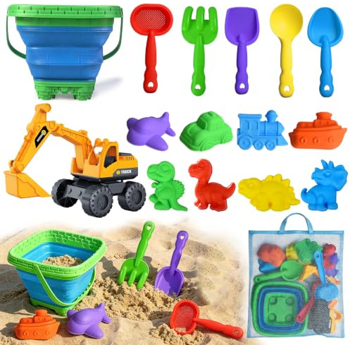 Beach Sand Toys for Kids, 15Pcs Sandbox Toy Set with Beach Excavator, Collapsible Buckets, Sand Molds, Shovels & Mesh Bag, Sandbox Play Set for Outdoor,Travel Summer Toy for Toddlers Boys Girls