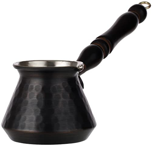 DEMMEX Dickste türkische griechisch-arabische gehämmerte Kupfer-Kaffeekanne Herdplatte Kaffeemaschine Cezve Ibrik Briki mit Holzgriff und Holztopf Löffel, für 3 Personen (antikes Kupfer)