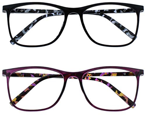 OPULIZE Arc Lunettes de Lecture Pack de 2 Montures Carrées Minces Élégantes Charnières à Ressort Anti-Rayures Noir Violet Branches à Motif Hommes Femmes RR66-15 +3.50