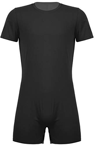 Alvivi Herren Body Overall Kurzarm T-Shirt Hemd Tops Einteiler Männerbody mit Druckknöpfe im Schritt Slim Fit Unterhemd Boxershorts Schwarz XL
