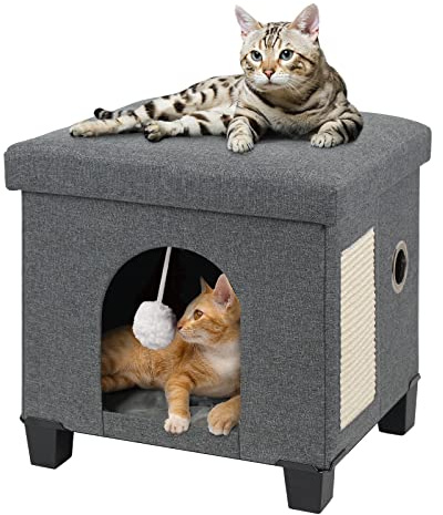 BRIAN & DANY Casa Gato, Cueva para Gatos de Interior, Cama Plegable para Gatos con Tabla Rascador y Pelota de Juego, Taburete con Patas de Madera, 37,5 x 32,5 x 36 cm, Gris