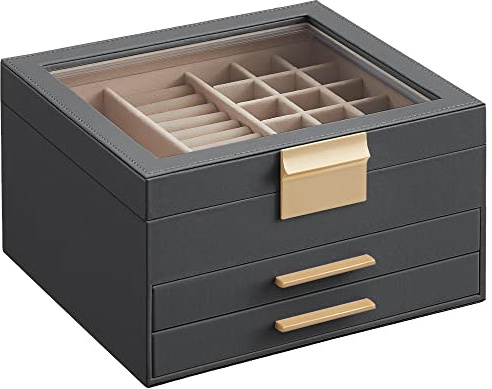 SONGMICS Jewellery Box with Glass Lid, 3-Layer Jewellery Storage Organiser with 2 Drawers, Plenty of Storage, Modern, Gift Idea, 20.3 x 23.1 x 13.5 cm, Grey and Gold JBC239G02