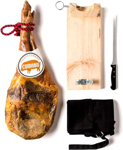 La Nevera Española | Paleta Curada, Jamonero, Cuchillo y Delantal | Peso 4,5 KG | Curación Mínima 10 meses | Jamones Comabu | El Jamón de la Nevera Española