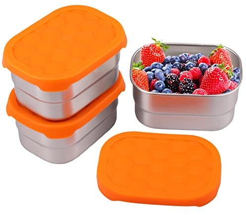 3Pcs Small Stainless Steel Food Storage Containers Portable Snacks Container with Silicone Lid 8oz Leakproof Snack Boxes Reusable Snack Pots Dishwasher Freezer Safe for Daycare School Work