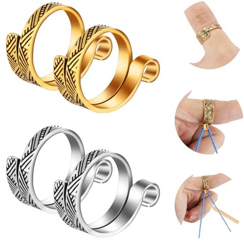 NQEUEPN 4 Stück Häkelring, Verstellbar Strickschlaufenring Häkelspannring Garnführung Fingerhalter Strick Fingerhut für Mutter Oma Häkeln Basteln Zubehör Werkzeuge (Gold, Silber)