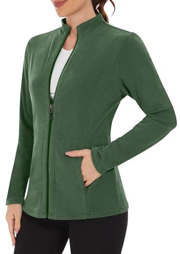 WOWENY Chaqueta de forro polar para mujer, con forro cálido, sudadera con cuello alto y cremallera completa, ligera para invierno, al aire libre, correr, caminar, ocio, verde, L