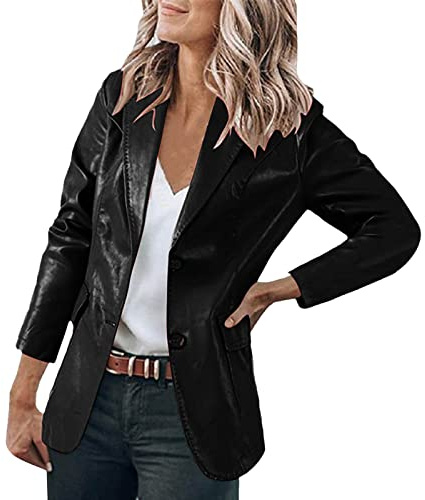 Blazer Dam sportig – PU-läder lång blazer, läderjacka, affärskontor, kavaj, konstläderjacka, lätt sommarblazer, sommarjacka, blusjacka, festlig outfit, vår, övergångsjacka, blus, svart, XXL