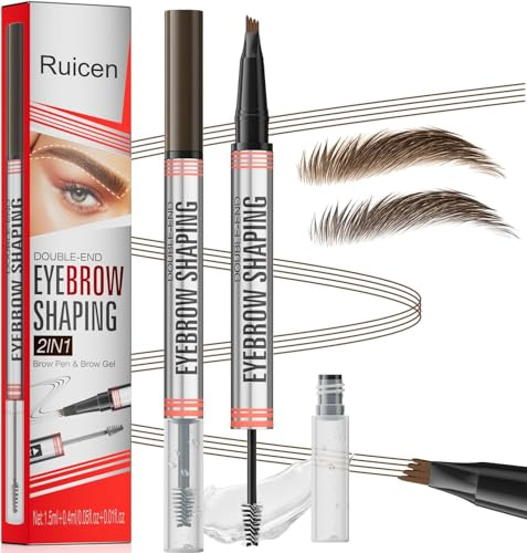 Eyebrow Pencil with Eyebrow Gel, Ruicen 2-in-1 Microblading Eyebrow Pen and Brow Gel with 4 Fork Tip, Real-Looking-Fill Define and Shape Brows, 24H Wear, Waterproof & Smudge-proof, Dark Brown
