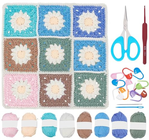 PLIGREAT Kit de Crochet pour Débutants - Couverture Carrée en Forme de Marguerite - DIY avec Instructions Vidéo pour les Amateurs