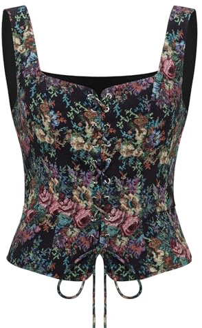 NUWIND Vintage överaxlar bustier dam blommig korsett topp ren faire medeltida väst viktoriansk snörning korsett pirat renässansdräkt, Svart blommig, S