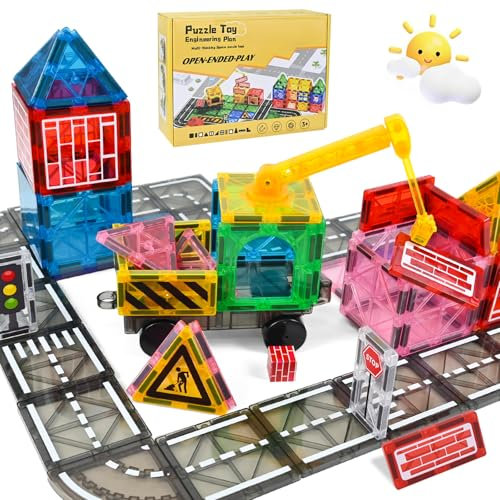 Ulikey Construction Magnétiques Enfants, 45 Pièces Ville Jeu Aimant Jouets avec Grue Magnétique, Jeux Blocs Magnetic Tiles Educatif Montesorri, Jouets Cadeau Enfant Fille Garcon 5 6 7 8 Ans Noël