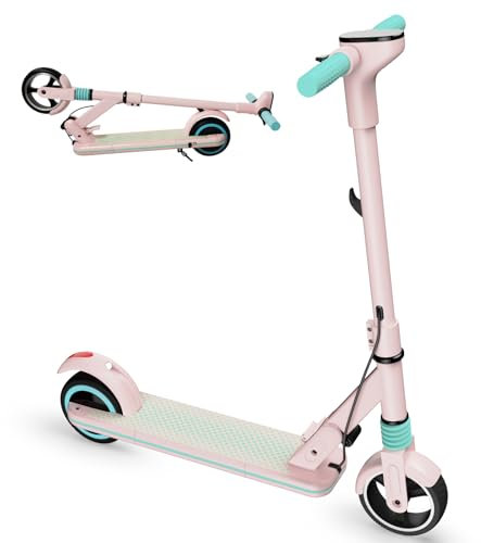 scoot4kids Elektrischer Scooter für Kinder von 6-12 Jahren, 6,5'' Faltbarer E-Scooter, max. 14 km/h, 130 W Motor, 8 Meilen Reichweite, Bunte Lichter, LED-Display, Leichter Kinderscooter (Rosa)