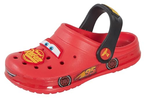 Disney Zuecos con dijes de Cars para niños, sandalias Lightning McQueen con correa al tobillo, zapatos de playa, rojo y amarillo, 10 UK Child