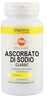 Bio Line Ascorbato di Sodio - Vitamina C Pura 120 Compresse Deglutibili con Acqua Integratore Difese Immunitarie che Migliora l'Assorbimento del Ferro, Integratori Alimentari Made in Italy