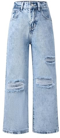 Happy Cherry Filles Jeans Déchiré Baggy Bleu Denim Pantalon Large Enfant Mode Rétro Jeans à Jambes Larges Taille Elastique avec Poches, 11-12 Ans