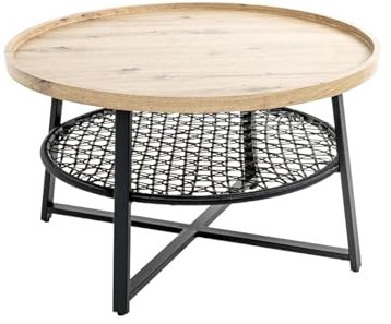 Couchtisch >54460< Couchtisch in Eiche und Schwarz, modernes Design aus MDF und pulverbeschichtetem Metall, Ø 75 cm, max. Belastbarkeit 35 kg, mit zusätzlicher Ablage in Rattan-Optik