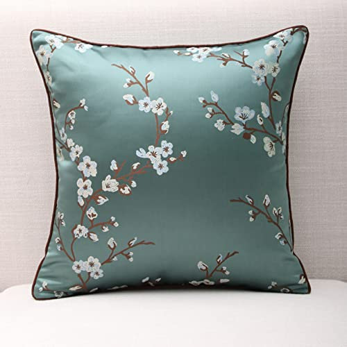 NHJSDLLMNZ Coussin d'oreiller Housses de Coussin décoratives, Lot de 2 Housses de Coussin à Motif de Fleurs de Prunier, Housses de Coussin décoratives avec Fermeture éclair dissimulée(Green,48x48cm)