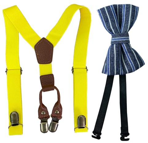 HISUNBEN Set di papillon per ragazzi con bretelle elastiche a Y con clip forti per bambini, bretelle regolabili per bambini da 1 a 13 anni, colore giallo