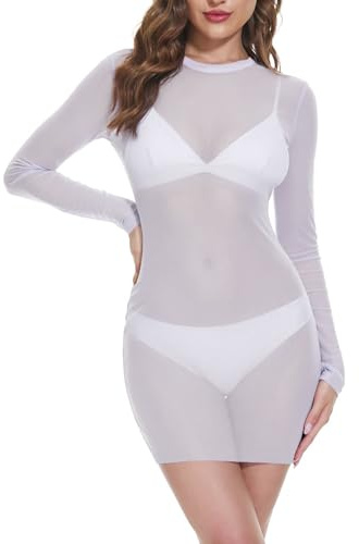NewBull Traje de baño para mujer, vestido de playa, bikini, ropa de natación, vestido de blusa transparente, minifalda con mangas largas, malla fina, cuello redondo, minivestido de verano, Blanco