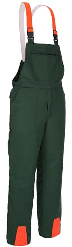 SWS Forst Schnittschutz-Latzhose (Größe 46-60) – Schutzklasse 1 Form A – Verstellbare Hosenträger – Schnittschutzhose mit Warnkeilen – 100 % Polyester – grün/Leuchtorange (50)