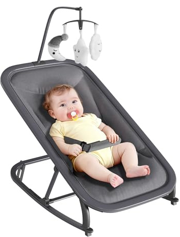 2-in-1 Baby Bouncer & Rocker Chair with Removable Toy Bar - 3-Position Reclining Seat for Newborns & Infants, Lightweight Aluminum Frame & Machine-Washable Fabric - Convertible Bouncer Rocker