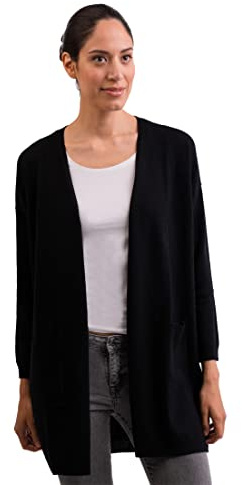 CASH-MERE.CH 100% kashmir dam cardigan lång, rakt snitt | lång kofta 2-trådig, svart, L