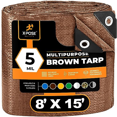 Multipurpose Protective Cover Brown Poly Tarp 8' x 15' - Durable, Water Resistant, Weather Resistant - 5 Mil Thick Polyethylene - by Xpose Safety
