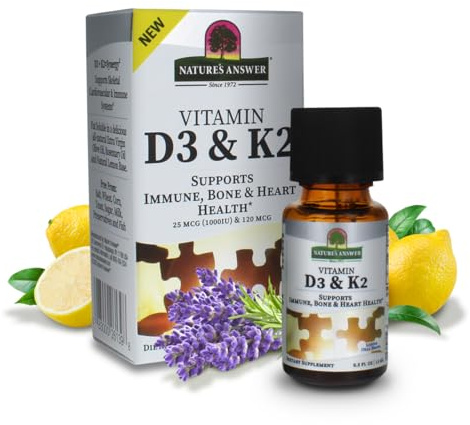 Nature's Answer Vitamin D3 and K2, 0.5 oz - Liquid Extract Oral Drops - Supports Immune, Bone and Heart Health - in a Delicious Olive Oil, Rosemary Oil, and Natural Lemon Base
