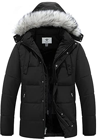 WenVen Men's Winter Puffer Coat Thicken Cotton Outdoor Winter Warm Windproof Padded Jacket with Hood Black XXL