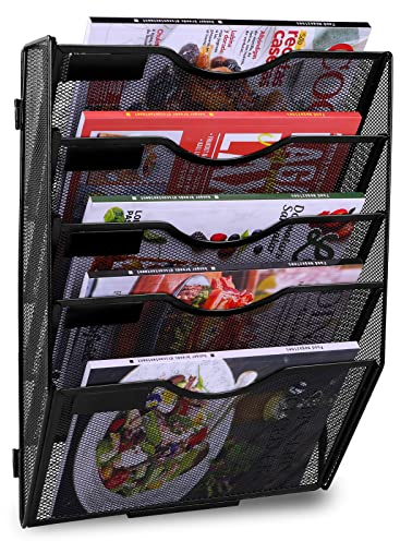 TQVAI 5 Ripiani Organizer Documenti Parete, Portariviste da Parete Metallo Scaffale per Documenti A4 Organizzatore Scrivania Ufficio Casa, Nero